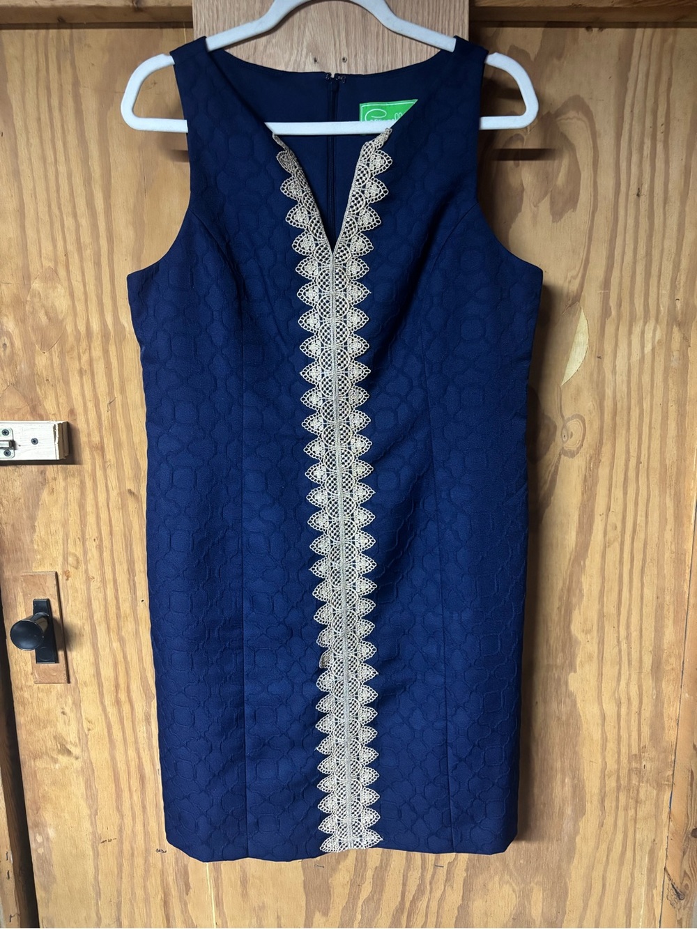 Pappagallo Navy Sheath Dress with Gold Lace Front Trim